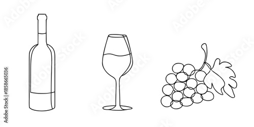 bottle of wine and grapes one line art on white background