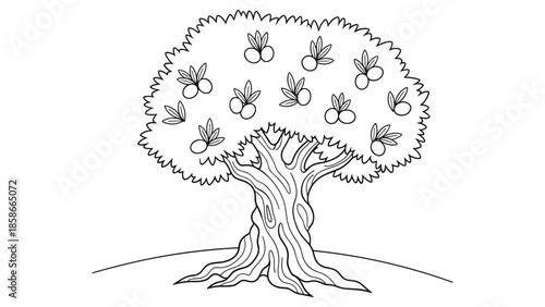 Elegant olive tree drawing with intricate trunk and foliage