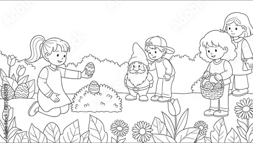 Children enjoying easter egg hunt with garden gnome in spring garden