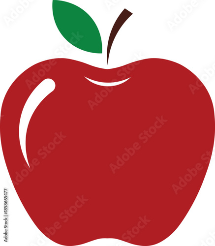 Vibrant red apple graphic with a green leaf and brown stem, isolated on clean white.