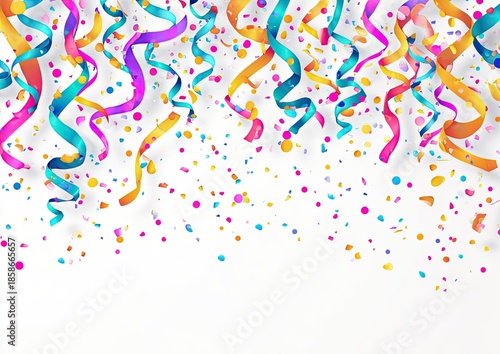 Colorful confetti and ribbons swirl on a white background creating a festive mood