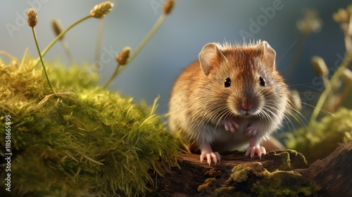 Charming Moss-Covered Habitat Scene Featuring A Curious Small Rodent On Earthy Ground