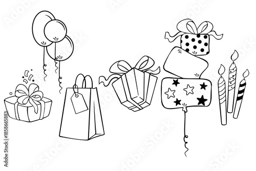 Minimal hand drawn line illustrations of birthday gifts, balloons, candles and party elements. Perfect for greeting cards, gift packaging, invitations, social media posts, event design and festive bra