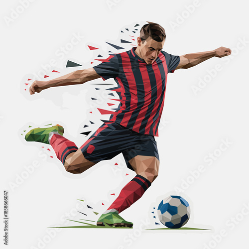 Dynamic soccer player in action breaking apart into an abstract form