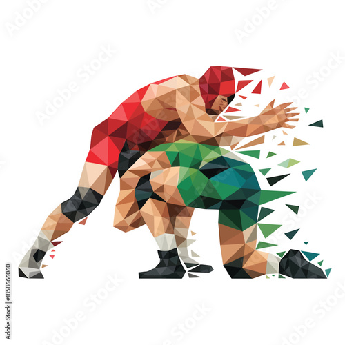 Polygonal illustration of two wrestlers in a dynamic grappling pose