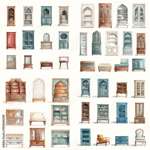 Watercolor illustration collection of vintage architectural furniture elements including doors windows cabinets and shelves in soft earthy tones isolated on white background for interior concepts