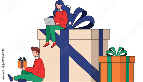Illustration of people with giant gift boxes and laptop, online holiday shopping, festive gift giving, ecommerce sales, and winter celebrations.