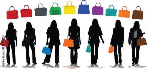 Silhouette of stylish women with colorful fashion handbags, luxury retail shopping concept, elegant female models carrying vibrant leather designer purses.