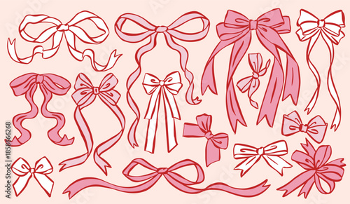 Whimsical bow and ribbon illustration collection in hand-drawn ink sketch style. Cute decorative bows and flowing ribbons for romantic, vintage, and aesthetic design projects.