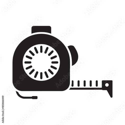 Simple black and white icon of a tape measure tool for measuring