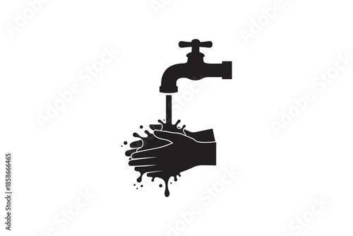Silhouette of hands being washed under water tap Hygiene symbol showing person cleaning hands