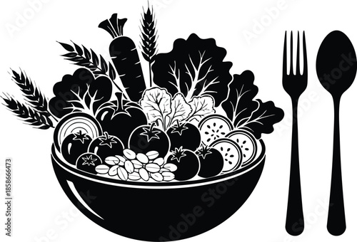Healthy food illustration. Salad bowl and cutlery. Balanced diet concept.