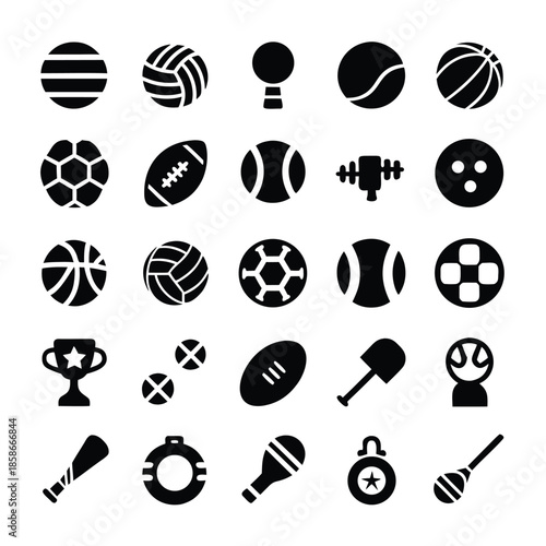 Black and white of various sports balls and equipment volleyball