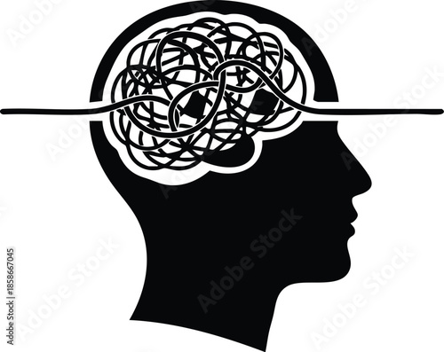 Human Mind Illustration: Brain's inner chaos. Tangled wires and gears. Mental health concept.