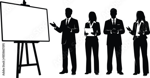 Business silhouettes, team discussion, presentation board, corporate meeting, black icons, formal attire, teamwork, strategy, collaboration, professional setting
