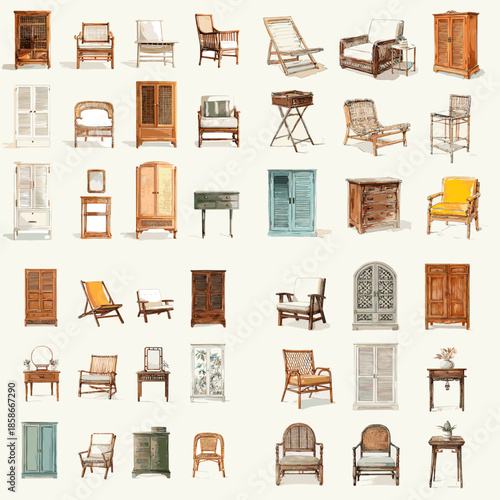 Detailed watercolor illustration set of antique furniture objects featuring classic chairs cabinets and tables in warm natural colors isolated on white background for vintage decor concepts