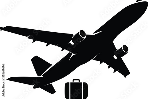 Aircraft vector silhouette. Commercial airplanes and luggage. Travel concept.