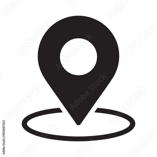 Simple black and white map marker icon with circular base design