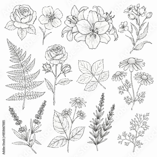 Wallpaper Mural Collection of Hand-Drawn Floral Illustrations Featuring Various Flowers and Foliage. Torontodigital.ca