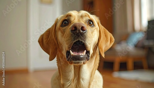 Close up of a surprised yellow labrador dog with open mouth and wide eyes indoors with light brown floor and blurred background and small white dots on its face