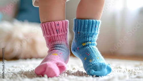 Close Up Of A Toddler's Feet Wearing Pink And Blue Knitted Socks Standing On A White Fluffy Rug Indoors