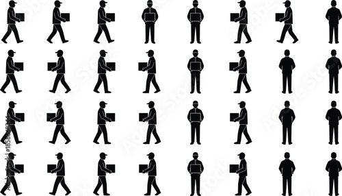 Delivery worker silhouettes, courier carrying package, walking mailman poses, logistics service icons, shipping employee illustration set for business and design