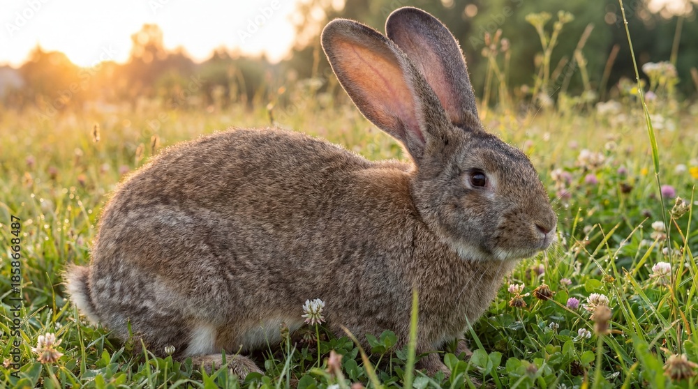 Fototapeta premium A Fluffy Flemish Giant Rabbit Sits in a Grassy Meadow Bathed in Golden Sunset Light