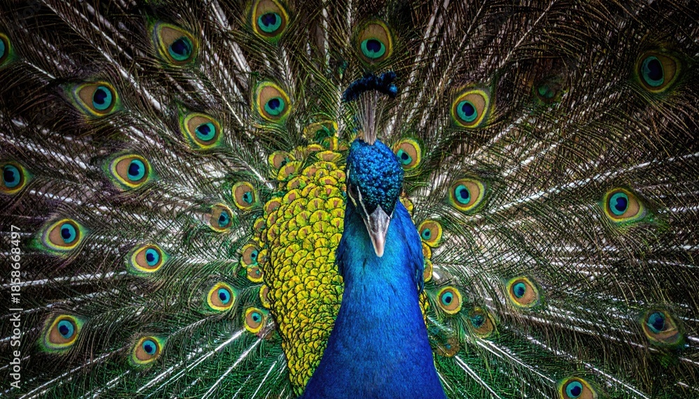 Fototapeta premium Close up of a vibrant blue and green peacock displaying its iridescent tail feathers in a full fan