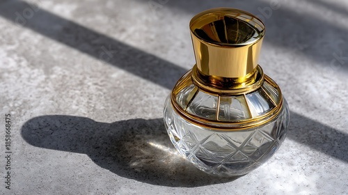 Elegant Perfume Bottle on Surface with Golden Cap and Soft Shadow Play