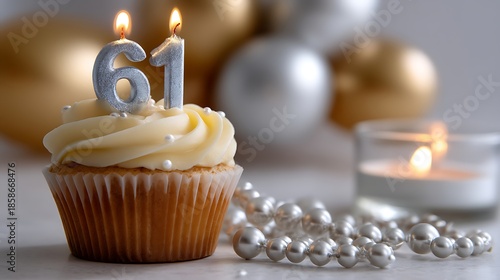 Celebration Cupcake with Number Candles and Decorative Pearls on Table