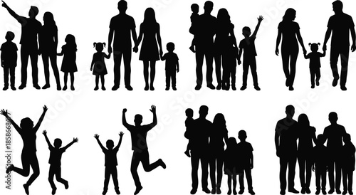 Family silhouettes, happy parents and children, diverse family poses, unity, bonding, walking, playing, jumping, modern family concept illustration