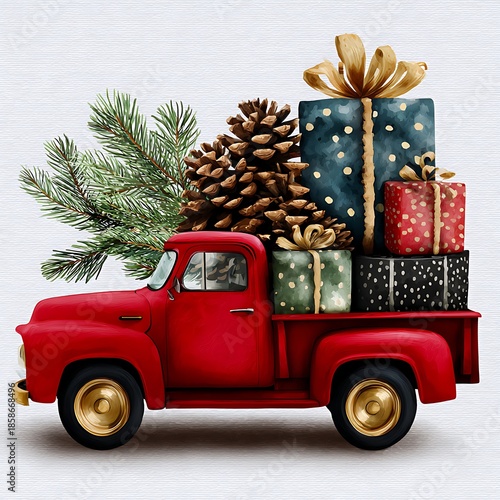 Classic Red Truck Loaded with Holiday Gifts and Pine Branches for Christmas Fun