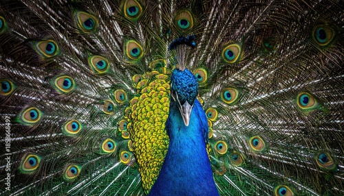 Close up of a vibrant blue and green peacock displaying its iridescent tail feathers in a full fan