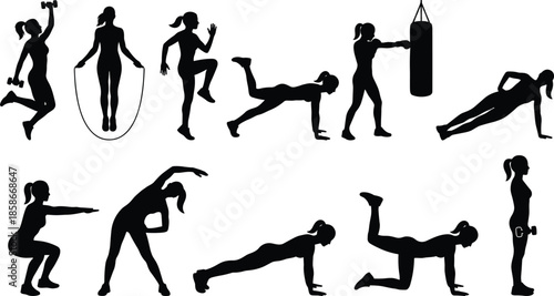Female fitness exercise silhouette set, workout and training poses, gym activity icons for strength, cardio, flexibility, stretching, home workout, and health design