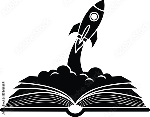 Book Rocket Launch. Flying rocket from an open book. Concept of creative learning.