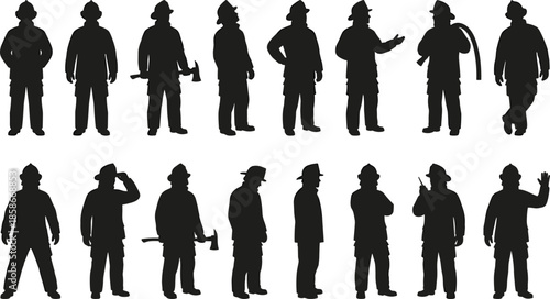 Firefighter silhouette collection, emergency rescue worker poses, fire department uniform icons, safety personnel standing illustrations for emergency services, protection, and public safety design
