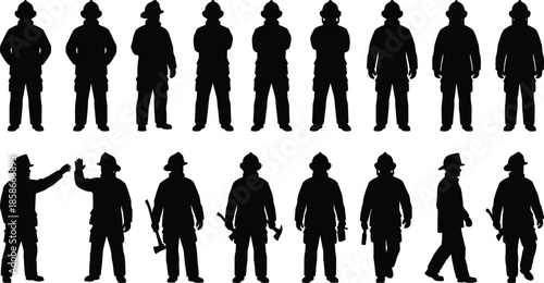 Firefighter silhouette poses collection, emergency rescue worker icons, fire department uniform figures, safety personnel standing and action illustrations for protection and emergency services