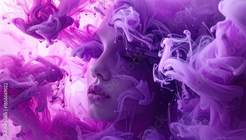 Close up of a Woman's Face Emerging from Swirling Clouds of Purple and Pink Smoke with Gentle Lighting Highlighting Her Features and a Serene Expression