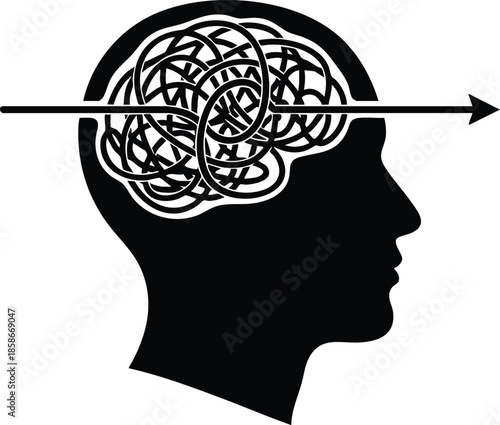 Brain activity illustration. Abstract tangled lines inside head silhouette. Concept of mental process.