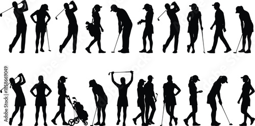 Golf player silhouette collection, female and male golfer poses, sports activity icons, swing and putting actions for fitness, recreation, competition, and training design