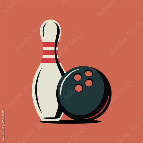 Flat illustration of a bowling pin and ball against a solid orange background, showcasing a vintage bowling theme with simple graphics.