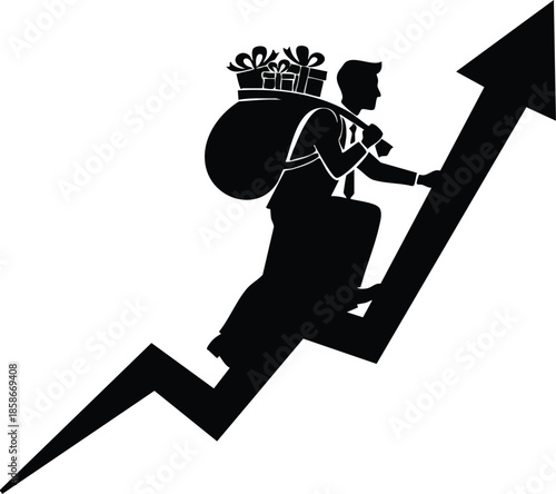 Growth vector: Businessman climbing arrow carrying gifts. Reaching financial success. Holiday Bonus.