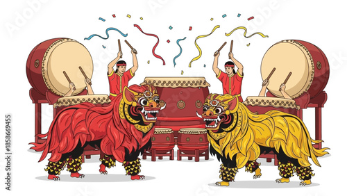 Vibrant Lion Dance Performers with Drums Celebrating Chinese New Year.