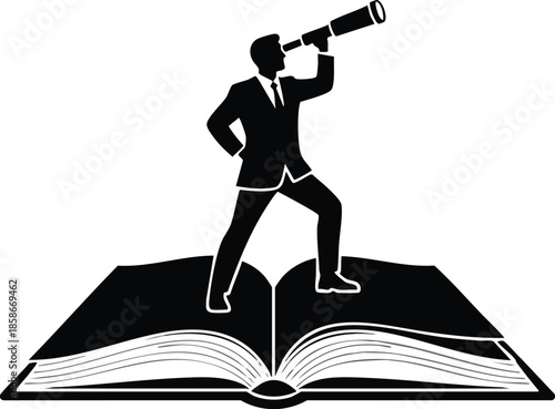 Business Vision: Businessman on Book with Telescope. Exploration of knowledge and future insights. Learning opportunity.