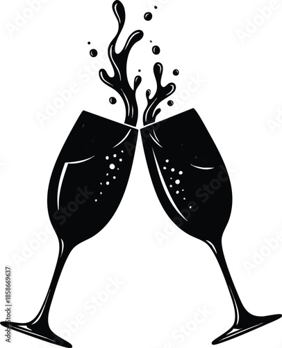 Celebration icon set. Champagne glasses with bubbles and splash. Festive mood.