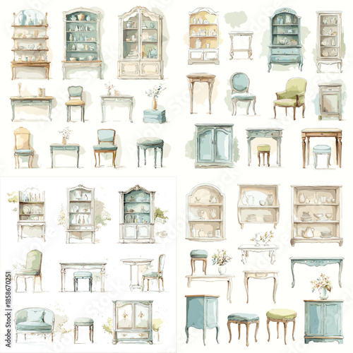 Elegant vintage furniture watercolor illustration set with cabinets tables and shelves in soft pastel tones ideal for classic interior decor and home design projects.