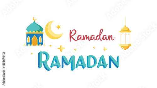 Festive Ramadan greeting card vector with mosque, lanterns, and crescent moon elements.
