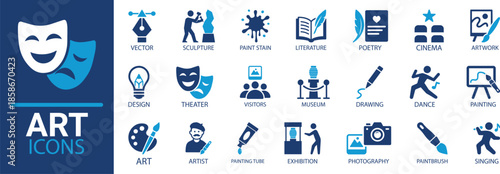 Art icon set. Containing artwork, sculpture, literature, artist, drawing, painting, theater, paint stain, poetry, exhibition design and museum icons. Solid vector icon collection.
