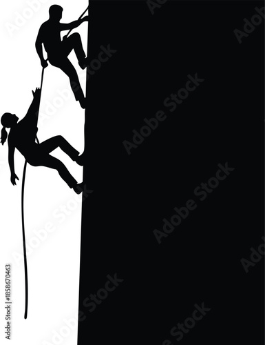 Climber Silhouette: People scaling a rock wall with ropes. Active lifestyle, ambition.