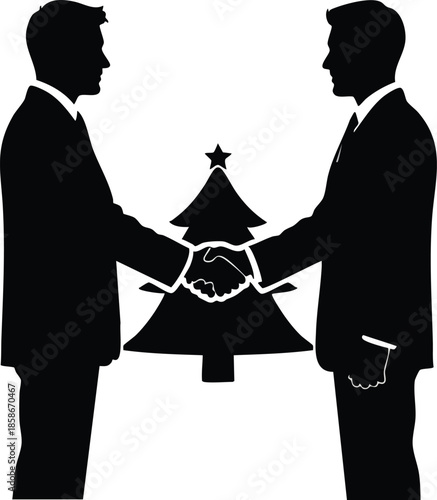 Christmas deal silhouette. Business handshake & tree symbol. Holiday success.